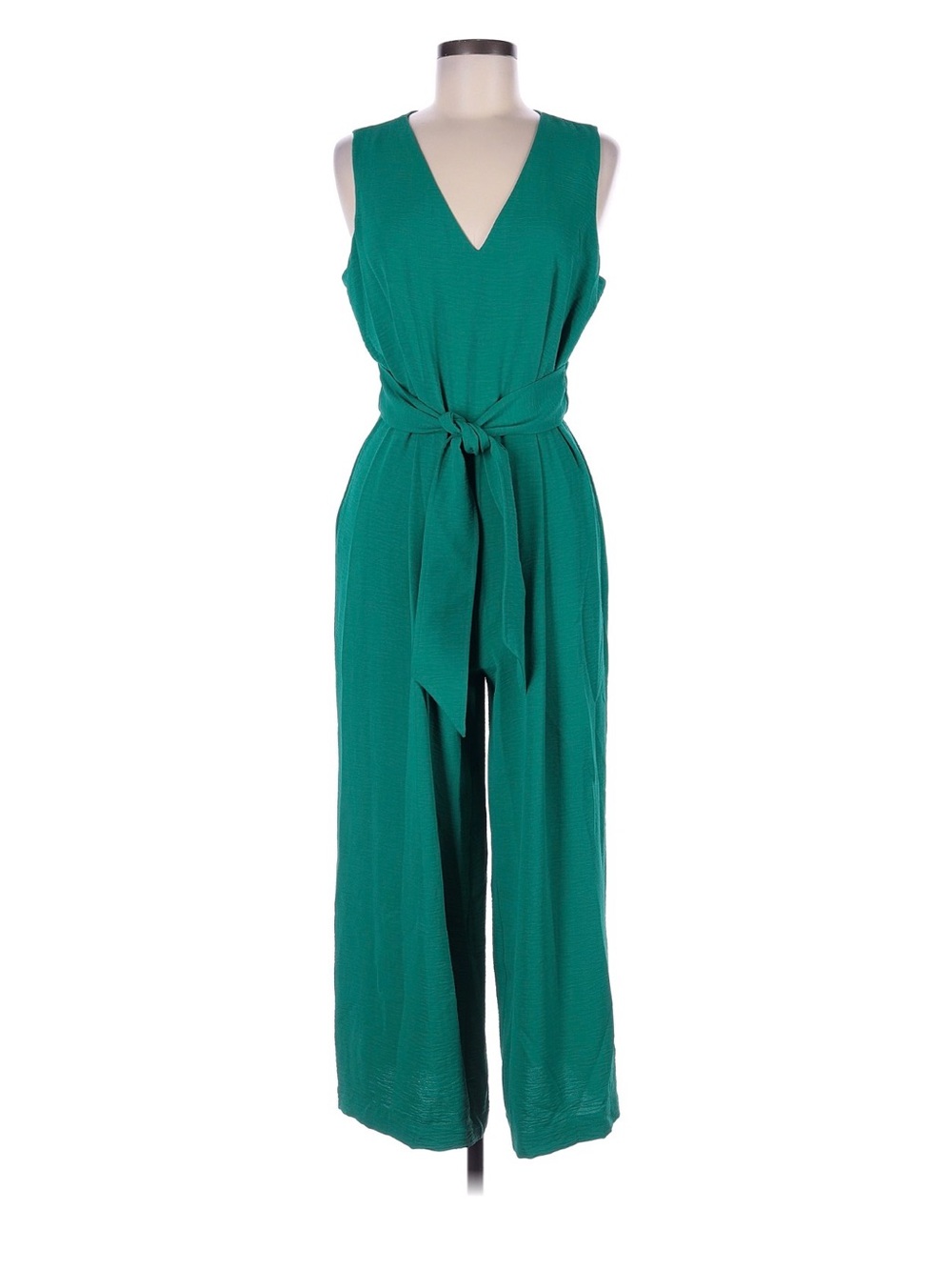 Calvin Klein Emerald Green Sleeveless V-Neck Wide-Leg Jumpsuit with Tie Waist